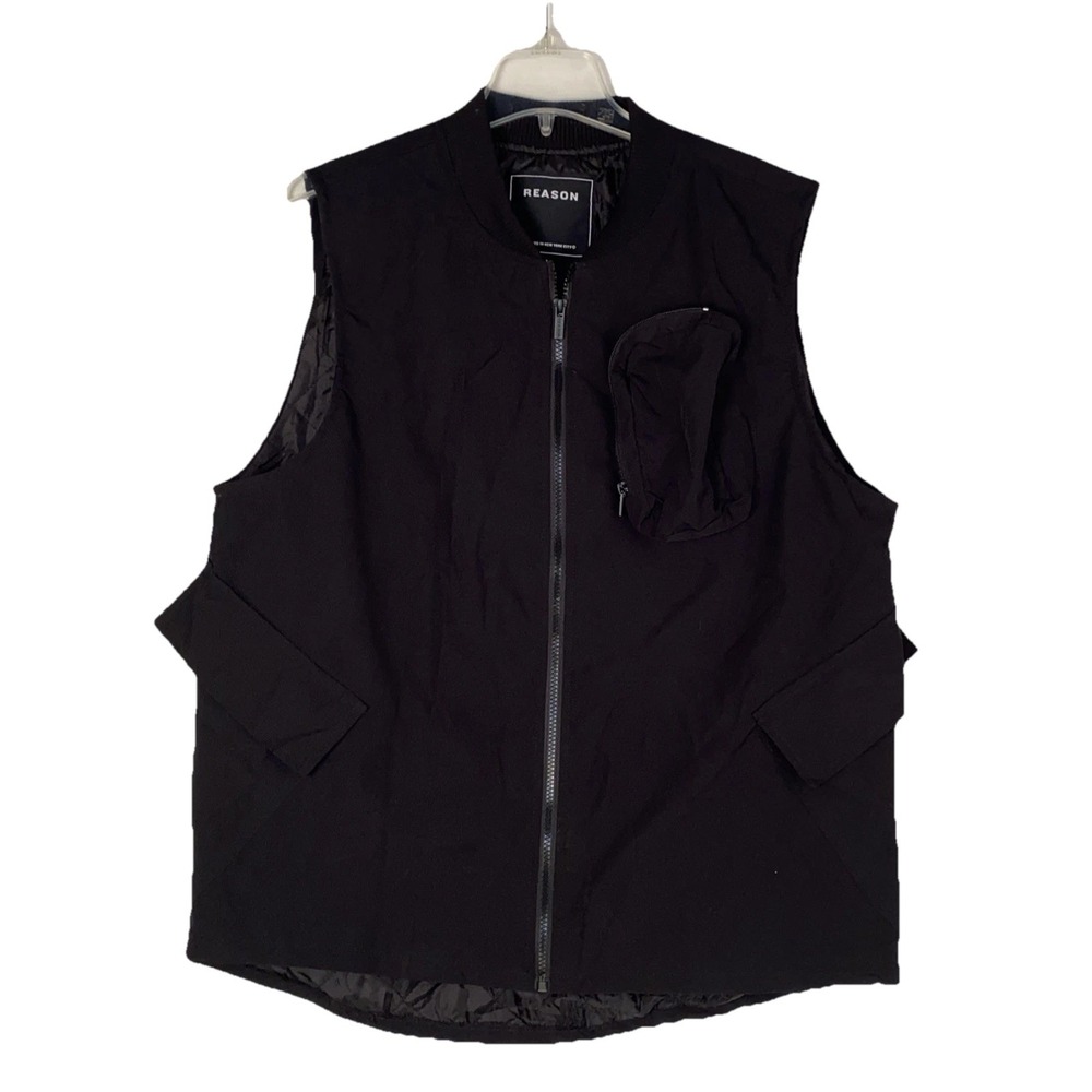Reason Vest Mens M Black Quilted‎ Bomber Utility Zip Front Pockets $79 NEW